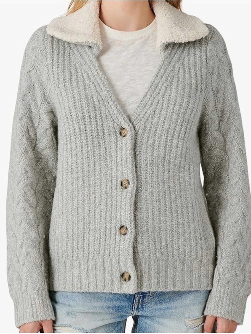 Lucky Brand Cozy Ribbed Button-Front Gray Sweater with Sherpa Collar Size S